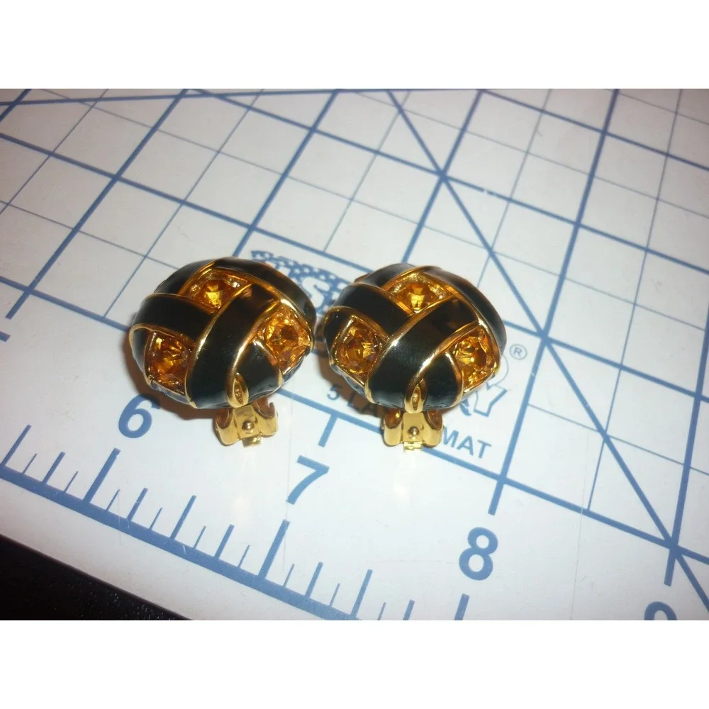 Vintage NOS Sue Ellen England Black Enamel Gold Tone Crystal Clip On Earrings